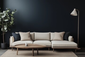 3d design of a dark Scandinavian living room