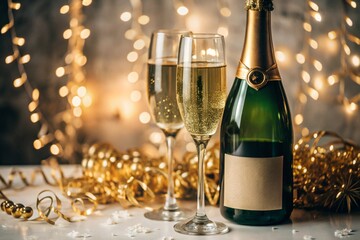 Happy New Year 2025. A banner for Christmas and New Year holidays. Two glasses and a bottle of champagne with sparkling lights and streamers around.