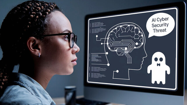 AI cyber security threat illustration, black african american female IT specialist analysing data information technology, augmented reality artificial intelligence collage, side profile