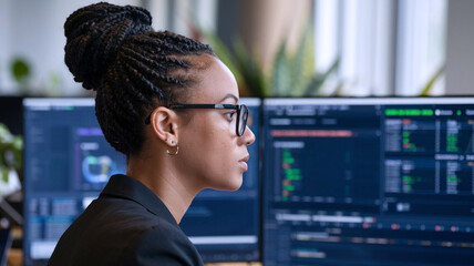 AI cyber security threat illustration, black african american female IT specialist analysing data information technology, augmented reality artificial intelligence collage, side profile