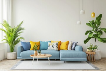 Colorful minimalist living corner, copy space, illustration