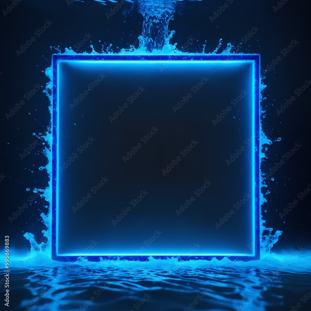 Poster glowing blue neon square frame submerged in water, with fluid waves splashing out, blending futurist