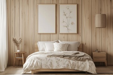 3d design, photo frame mockup in scandinavian bedroom, wooden bedroom, illustration