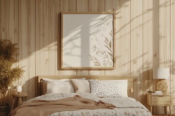 3d design, photo frame mockup in scandinavian bedroom, wooden bedroom, illustration