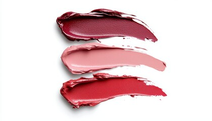 A set of creamy lip tint swatches in juicy plum and light rose tones, blending together to create a fresh, kissed-lip glow.