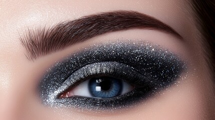 Naklejka premium A set of dark grey eyeshadow swatches paired with bold silver and gold glitter, creating a futuristic glittery smokey eye.