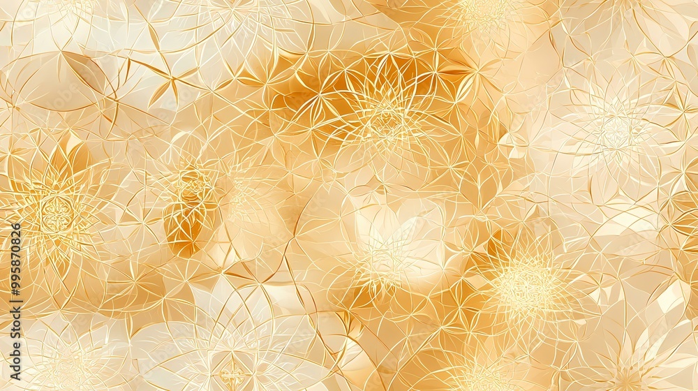 Poster the image is of an abstract pattern of gold and white lines. the lines form a network of geometric s
