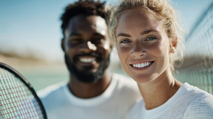 A joyful, freckled woman stands next to a smiling man holding a tennis racket on a sunlit day, reflecting happiness and teamwork on the tennis court.