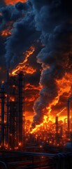 Industrial site with smoking chimneys and fiery sky during sunset