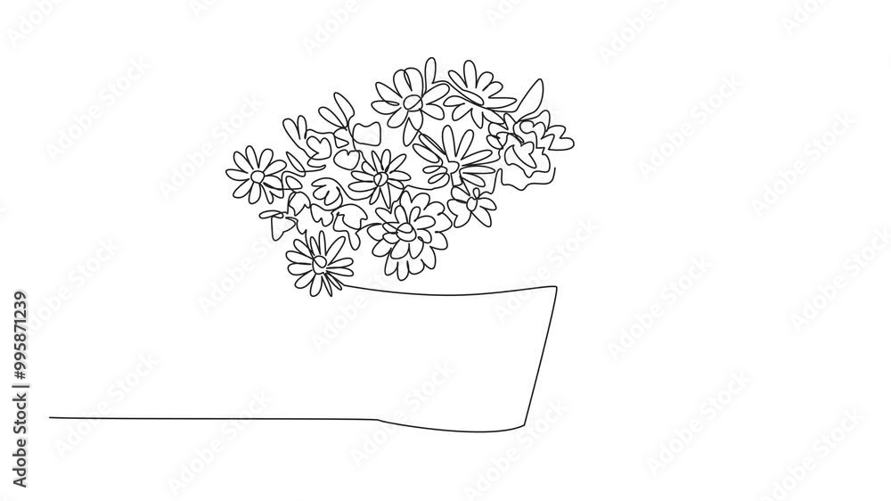 Poster animated self drawing of single continuous line drawing various types of flowers in rattan woven bas