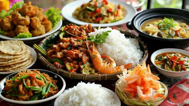 Ethnic asian food, nasi campur. A photograph of a traditional asian ethnic main course meal of Nasi Campur, or white rice served with many assorted local side dishes of various spicy meats, fish and v