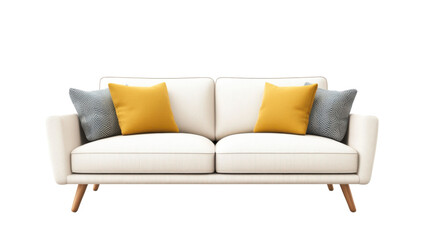 Modern sofa with yellow and gray cushions on a white isolate background. PNG