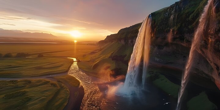 Lumi&egrave;re de la cascade de Seljalandsfoss pendant le coucher du soleil g&eacute;n&eacute;r&eacute;e par l'IA


