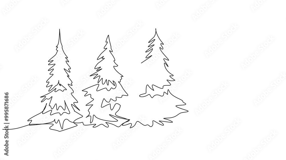 Poster animation of single one line drawing many large pine trees lined up. greening action. reducing unnec