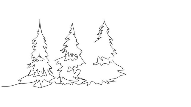 Animation of single one line drawing many large pine trees lined up. Greening action. Reducing unnecessary carbon substances.  International Day of Forests. Self drawing animated. Full length motion