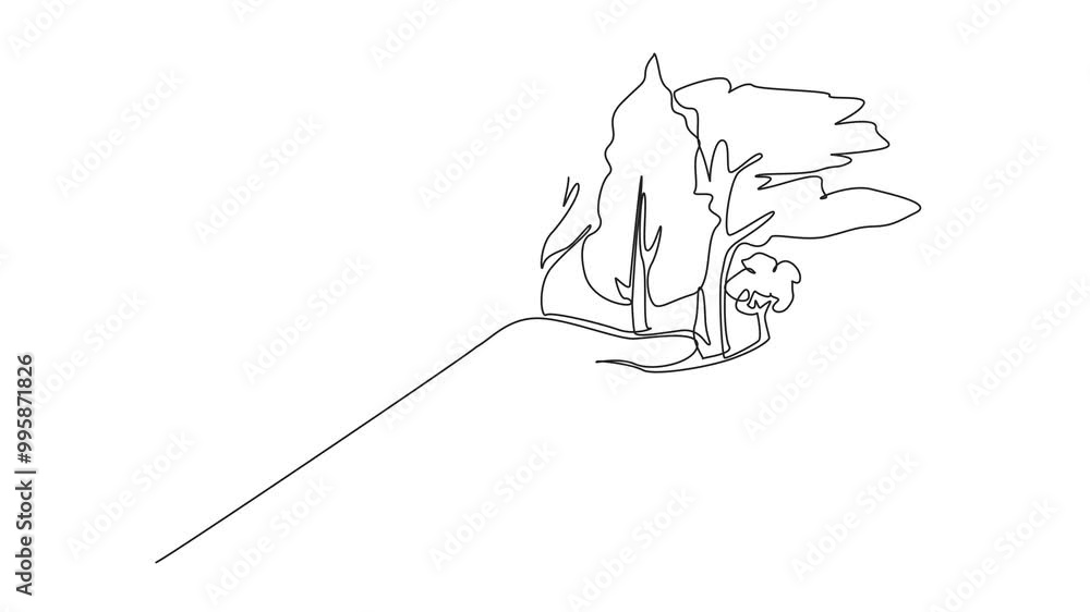 Poster self drawing animation continuous one line drawing open palm, on top of it some big trees. actively 