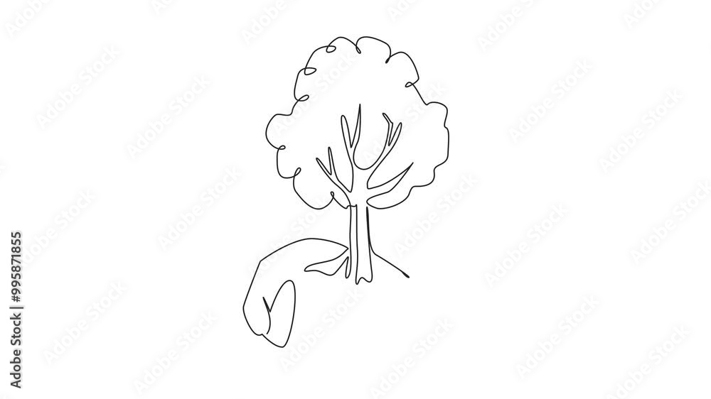 Poster animation of single continuous line drawing two open palms with a big tree on top. an appeal not to 