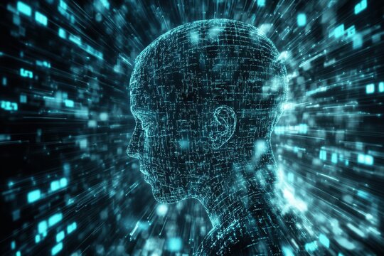 Digital silhouette of human head with glowing binary code elements.