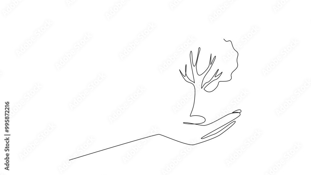 Poster animated self drawing of single one line drawing open palm with big tree on top. there is no time to