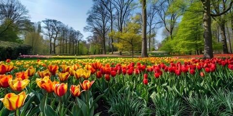 Tulip field Easter spring background with tulips in a beautiful meadow and cloudscape

