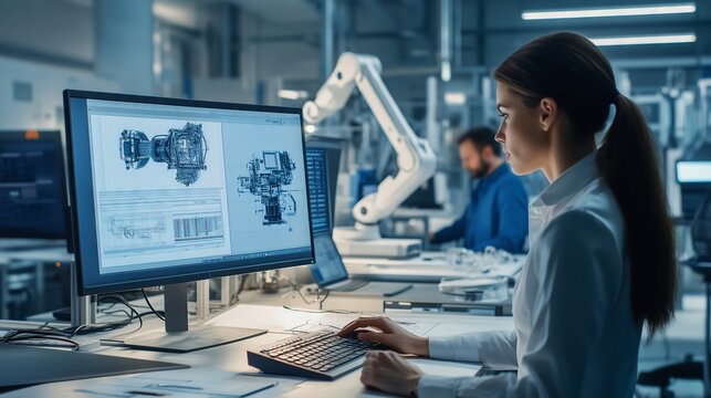 In a busy factory, a female engineer designs a 3D engine while a male engineer programs a robotic arm.