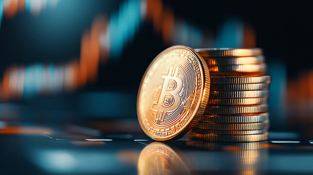 Close-up of stacked golden Bitcoin coins with blurred financial chart background.