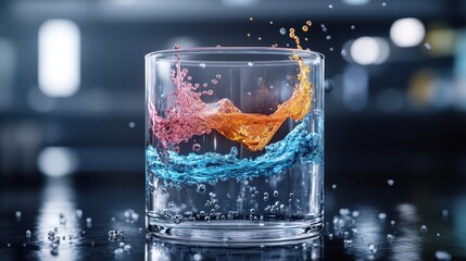 Glass filled with blue and orange liquids creating an abstract splash effect, representing the dynamic interaction of colors and motion, set in a blurry modern background.