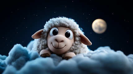 Obraz premium Cute cartoon sheep with big eyes resting on clouds under a night sky.