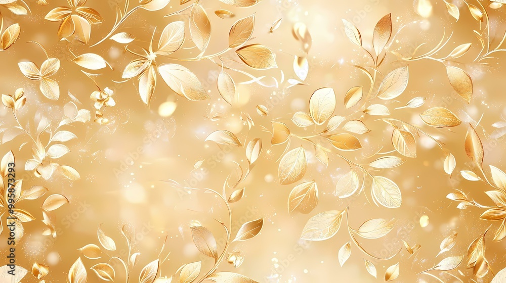 Aufkleber a seamless pattern of golden leaves and branches on a soft beige background with shimmering lights.