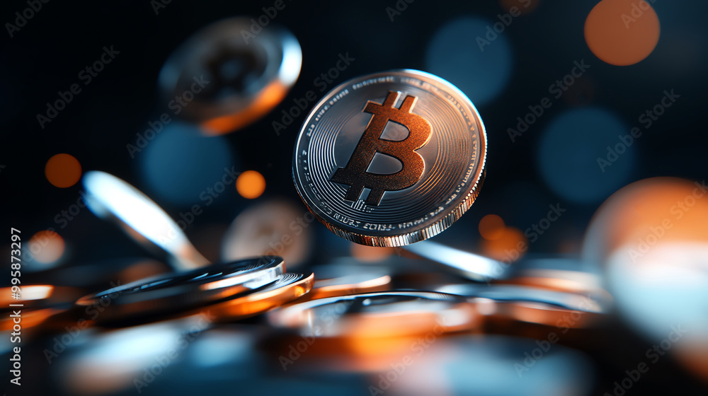 Poster floating bitcoin coins with a dark background and glowing bokeh effects.