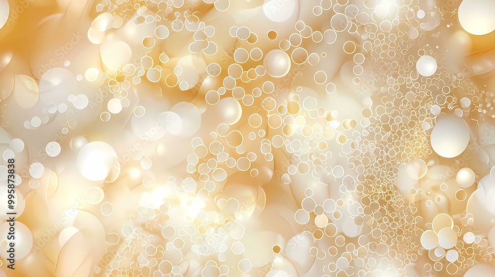 Poster the image is an abstract pattern of many white and gold circles and ovals on a light gold background