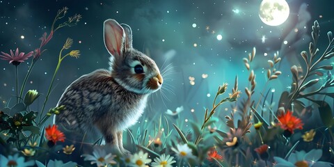 There is a rabbit sitting in the grass with flowers