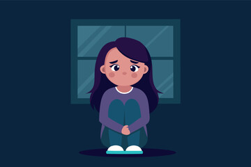 Girl in a deep depression sitting in the dark room. Mental health problems concept design