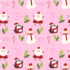 Hand-Drawn Christmas Holiday pattern seamless.Santa claus, snowman Penguin cookie illustration.