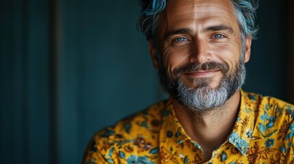 A bearded man with salt-and-pepper hair wears a floral yellow shirt and smiles warmly, creating a relaxed and inviting atmosphere against a blurred teal background.