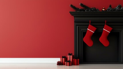 Festive Christmas decor with stockings hanging on fireplace mantel and gifts in red wrapping paper against red wall.
