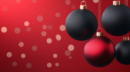 Festive Christmas ornaments hanging against a red background with bokeh lights, creating a warm and joyful holiday atmosphere.