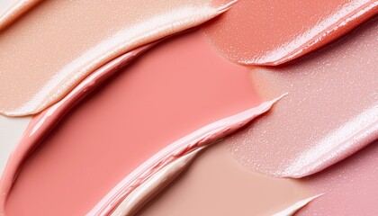 A stylish pattern of peach and beige lip gloss swatches, with glossy and creamy textures reflecting light on a soft background.