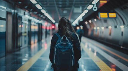 Obraz premium Young Woman Waiting for Subway in Modern Underground Station with Backpack