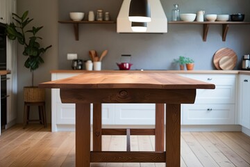 Fototapeta premium Artisan Wooden Dining Table in Cozy Kitchen Setting