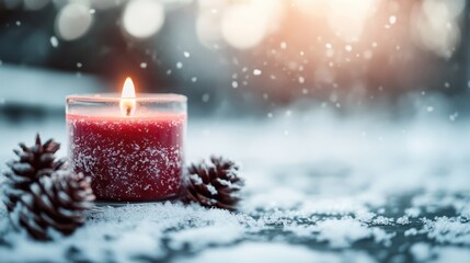 A red candle burns brightly in the snow, surrounded by pinecones, creating a warm and inviting atmosphere amidst a wintery landscape, evoking calm and serenity.