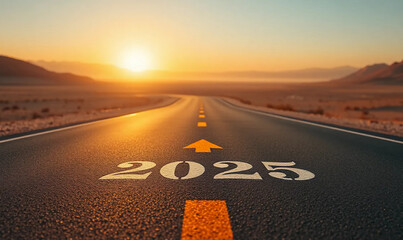 at sunset Road to 2025 with an empty road with written and arrow pointing towards the horizon to represent the future and positivity and success of the new year 2025 in a middle desert way