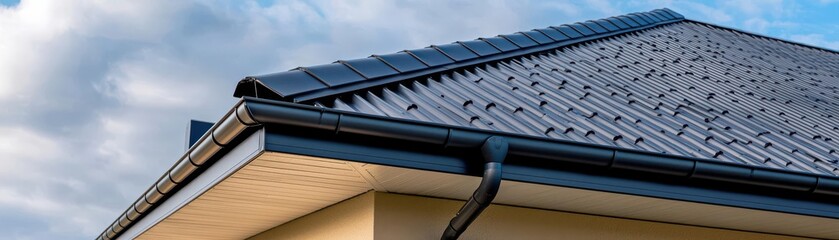 Obraz premium modern house roof with dark shingles and a gutter system against a blue sky, showcasing contemporary architecture and design
