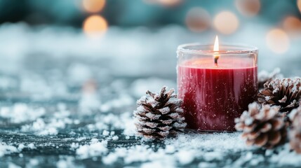 A beautiful red candle burns with a steady flame in a snowy setting, surrounded by frosted pinecones, creating an ambiance of comfort, warmth, and tranquility.