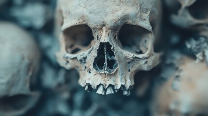 An up-close shot of an old skull, displaying decay and a rough texture, reflecting themes of mortality and ancient history with a chilling and eerie nuance.