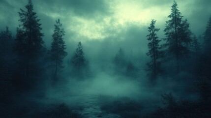 Fototapeta premium A misty forest scene shrouded in mystery and atmosphere.