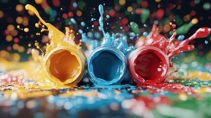 Energetic image capturing dynamic splashes of yellow, blue, and red paint in motion, with paint jars creating a vivid and artistic representation of color and movement.