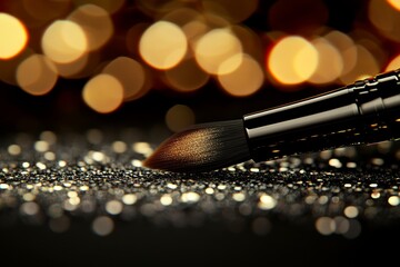 Obraz premium Professional makeup brush surrounded by glittery black eyeshadow perfect for high shine dramatic makeup looks with rich pigments