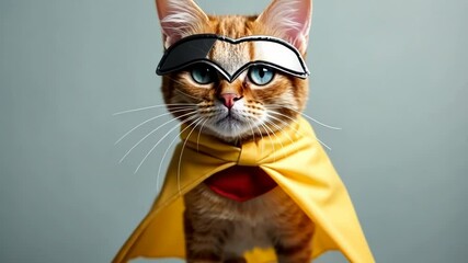 Cat wearing eyeglasses and superhero cape against bright yellow background. Close-up portrait of ginger feline in comical costume. Humorous pet content showcasing animal personality