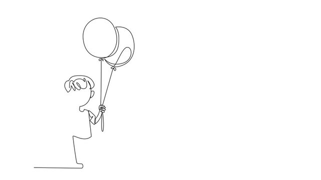 Self drawing animation of single continuous line drawing boy holding yellow and blue balloons with one hand. Bye-bye gesture. Always feel cheerful. World Down Syndrome Day. Full length animated